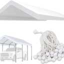 Upgraded Carport Replacement Canopy Cover for 10 x 20 Car Tent Top Garage Shelter Cover Tarp with Ball Bungees (Only Top Cover, Frame Not Include) White