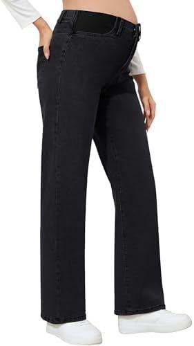 FABRACK Women's Maternity Jeans Mid-Rise Wide Leg Jeans Expandable Waist Straight Denim Pants for Pregnancy and Postpartum 2, L