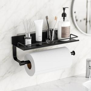 Paper Towel Holder, Wall Mount Paper Towel Holder with Shelf for Bathroom, Paper Towel Wall Holder, Paper Holder with Adhesive & Screw, Metal Black