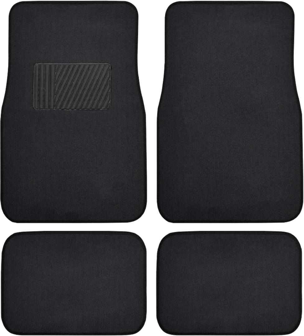 BDK Premium 4PC Set of Carpet Car Floor Mats with Vinyl Safety Heel Pad for Car, Truck, SUV, Coupe Sedan, Black (MT-100-BK)