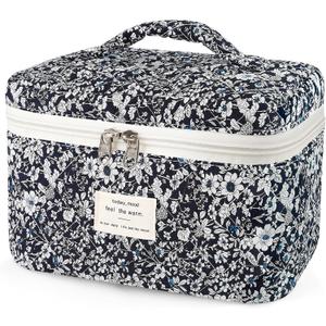 Large Travel Quilted Makeup Bag for Women, Floral Cotton Cosmetic Bag Cute Coquette Aesthetic Floral Toiletry Organizer Bag for Girls Little Black Rose Cosmetic Zipper Storage Bag