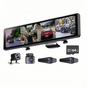 12" Streaming Media Dash Cam w/Blind Spot Monitoring - 4-Cam Recording, AHD 1080P, Night Vision, Parking Monitor - Eliminates Blind Spots While Driving & Parking,with 64G SD Card