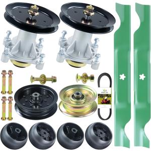 46 Inch Mower Deck Rebuild Kit Includes 2 Pack 587819701 Spindle Assembly Kit with 197473 Pulley, 177968 532196106 Idler Pulley 532405143 Belt 532174873 Wheel 532405380 Blade