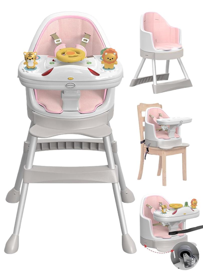 High Chair with Foldable Baffle, Easy to Put Baby inMusic & Lights Baby High Chair with Wheels and a Traction RopeBaby Floor Seat with 5- Point Seat Belt & FootrestMAX 80 LBS(Pink)