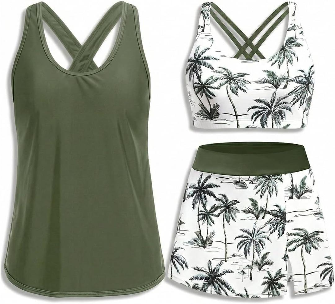 Daci Womens 3 Piece Tankini Swimsuits with Skirt - Tummy Control Bathing Suit Swim Tank Top Sport Bra 2026 Athletic Swimwear (Large, Green Palm Tree)