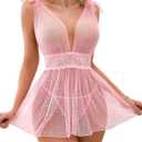Lilosy Sexy Polka Dots Mesh Sheer Lace Babydoll Chemise Lingerie Set Floral Sleep Wear (XL, Pink)
