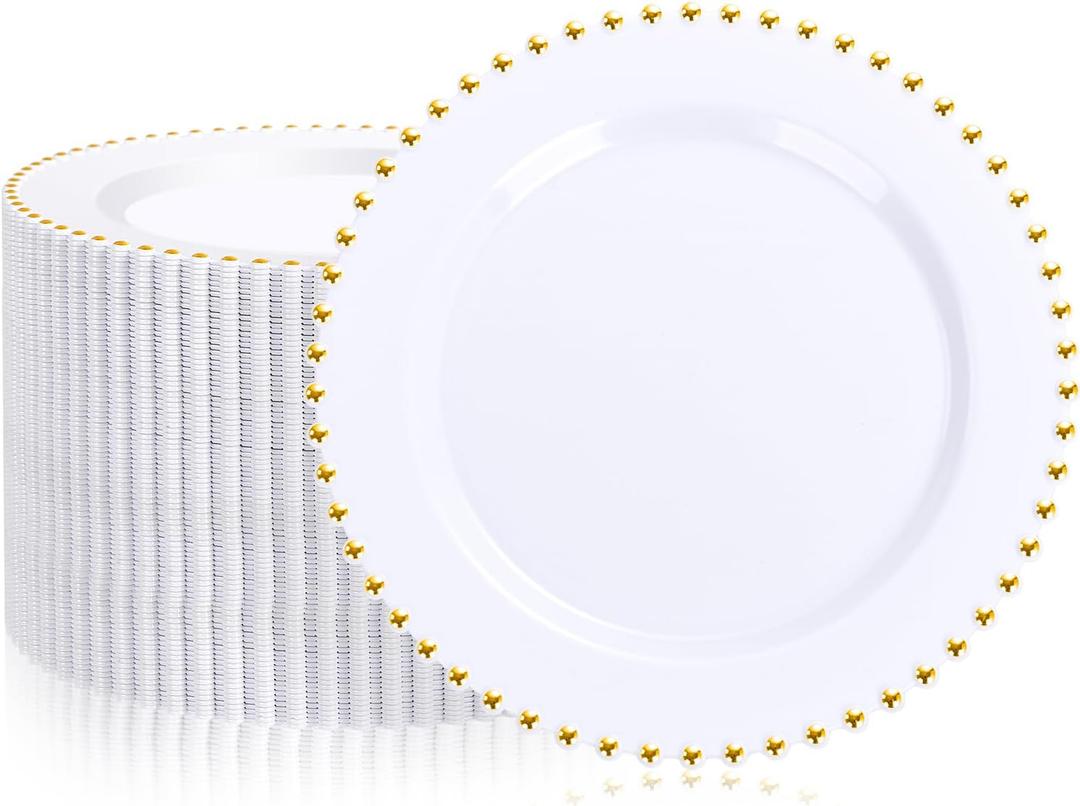 supernal 100 Pieces White and Gold Plastic Plates, 10 Inch Elegant Disposable Plates, Heavy Duty Plastic Dinner Plates for Party, Wedding and Birthday