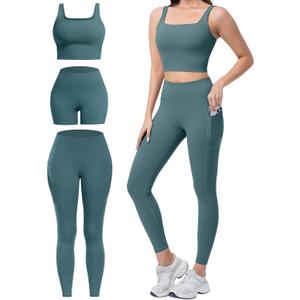 3 Piece Workout Sets for Women High Waisted Leggings with Pockets Tummy Control Biker Shorts Yoga Sports Bra (Large, Bean Green)