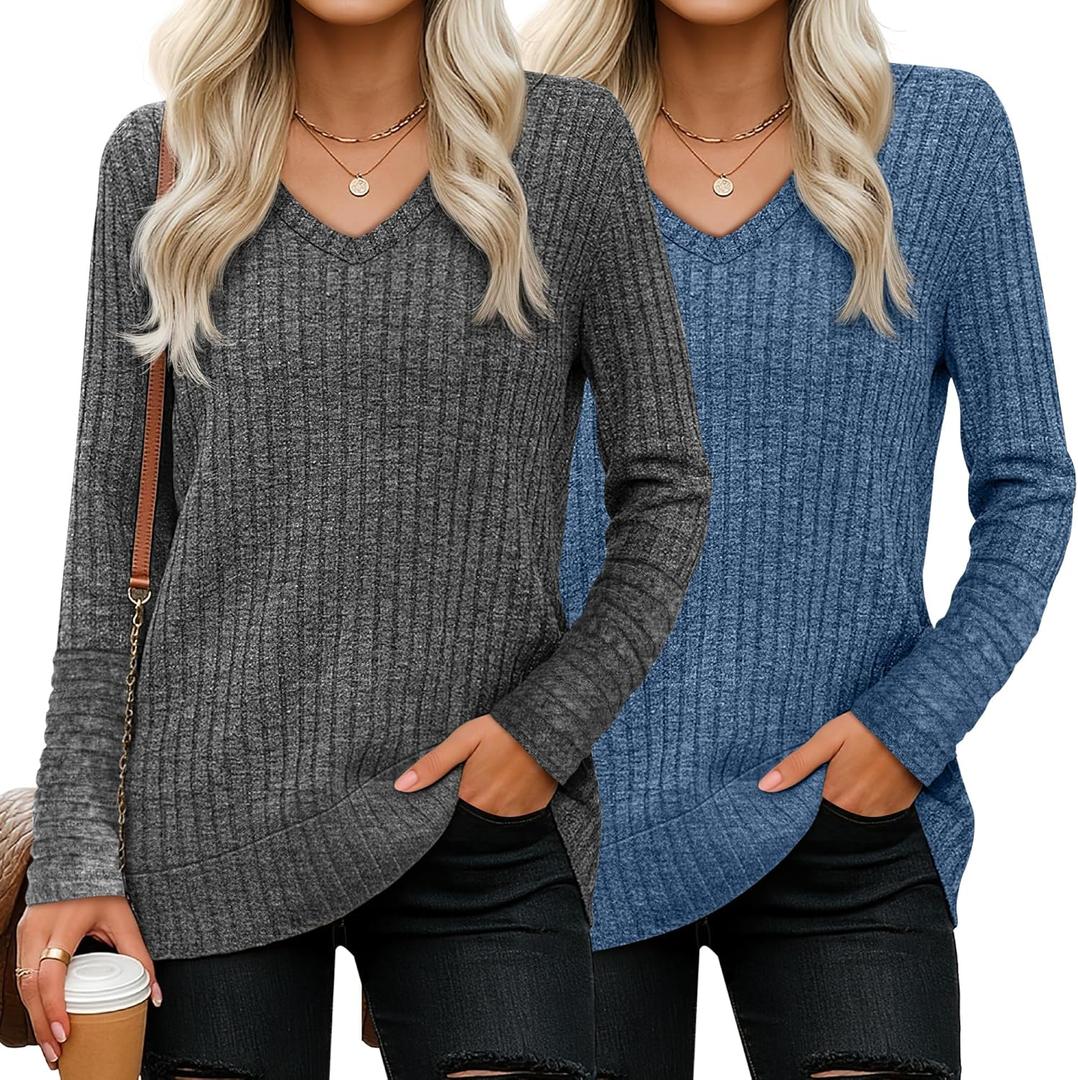 Ficerd 2 Pack Women V Neck Sweaters Long Sleeve Tunic Tops Lightweight Solid Color Casual Tunics Shirts (Medium, Dark Gray, Navy Blue)