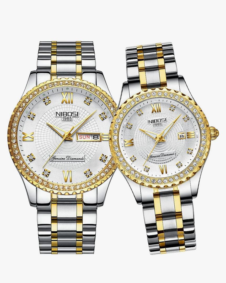 NIBOSI Watches for Couples Diamond Luxury Men and Women His and Hers Pair Watch Set Husband Wife Valentines Matching Wrist Watch Wedding Gifts Day Date Waterproof Quartz Analog