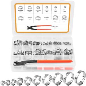 VIGRUE 115Pcs Single Ear Hose Clamps Kit, 6-28.6mm Stepless Hose Clamps with Ear Clamp Pincer, Adjustable Crimp Cinch Rings for Automotive, Pipe, Plumbing