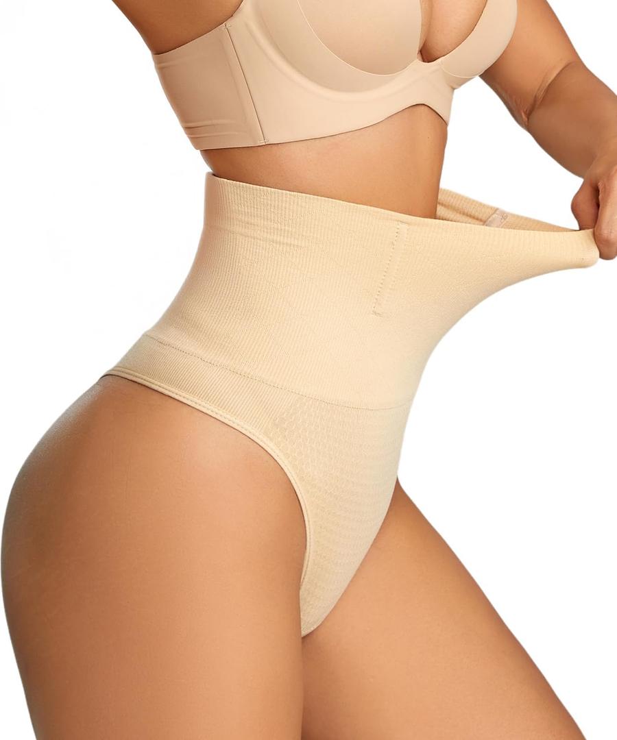 Dulchany Thong Shapewear Tummy Control Underwear for Women Seamless Body Shaper Panties (X-Large, Beige-mid Waisted)