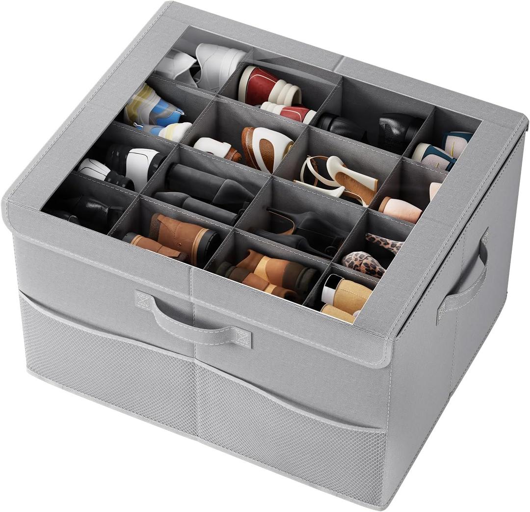 PHINOX Shoe Organizer for Closet, Fits up to 16 Pairs, Shoe Storage Bins with Clear Cover and Reinforced Handles, Foldable Shoe Storage Organizer, Space Saving Shoe Holder for Wardrobe, 1 Pack Grey