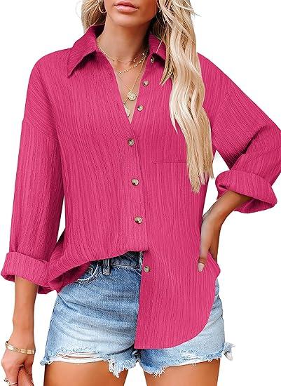 HOTOUCH Womens Button Down Shirts Long Sleeve Dress Shirt Textured Collared Work Blouse Dressy Casual Tops with Pocket, L, Hot Pink