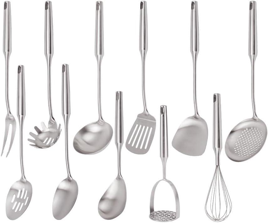 304 Stainless Steel Kitchen Utensils Set, 11PCS Metal Cooking Tools, Masher, Fork, Solid Spoon, Slotted Spoon, Spatula, Whisk, Skimmer, Slotted Spatula Tunner, Soup Ladle, Spaghetti Spoon, Large Ladle