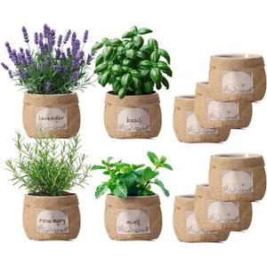 10 Sets herb pots for Indoor Plants,5 inch Clear Plastic Plant Pots with Drainage and Saucer,herb planters with Vintage Decorative Burlap Flower-Pot Cover for Windowsill, Kitchen, Balcony