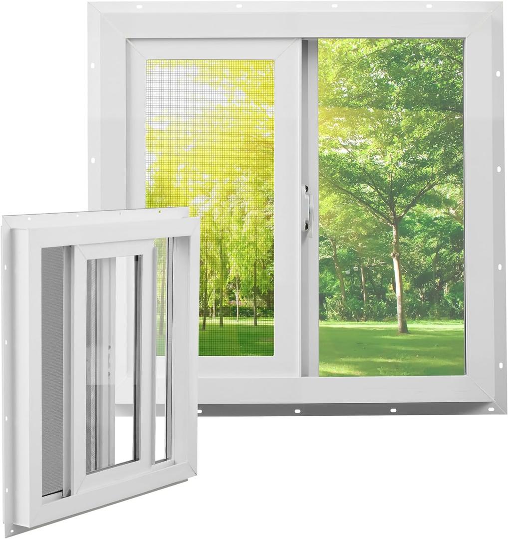 Pushglossy 23-1/2" x 23-1/2" Vinyl Utility Window Single Sliding Window with Low E Double Pane Insulated Tempered Glass Mesh Screen for Basement Bathroom House Kitchen Garage Attic, White, Single Hung 