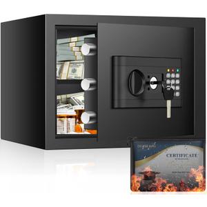 9.84 Inchs Safe Box for Home, 1.2 Cuft Small Home Safe with Fireproof Money Bag, Digital Keypad, Spare Keys and Removable Shelf, Personal Security Lock Box for Money, Documents and Guns