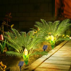 Artificial Plants Outdoor with Solar Light 25" Prelit Christmas Tree with Spike Pathway Light with 8 Lighting Modes for Xmas Decoration Yard Patio Garden Walkway Sidewalks Landscape-2 Pack Palm Tree