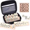 Dominoes and Tic Tac Toe Game Set, 28 Tiles Dominos with 4 Wooden Racks, Wood Tic Tac Toe Classic Board Games, Portable Travel Game with Carrying Case