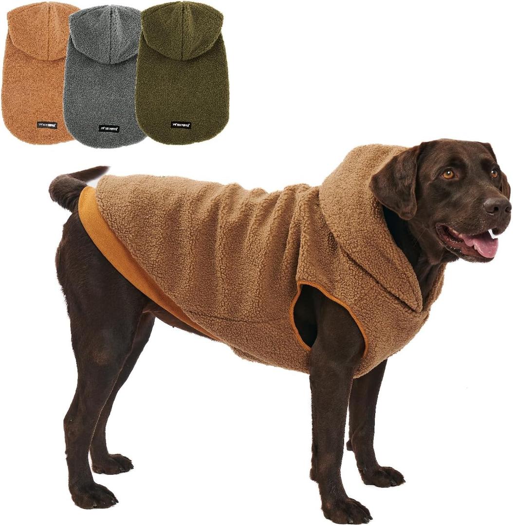 Tuff Pupper Fleece Dog Hoodie Sweater | Teddy Sherpa Outer & Soft Polar Fleece Lining | Adjustable Fit Winter Coat with Hood, Leash Hole, Ribbed Cuffs | for XL Dogs (Brown, XL) (60-80 lbs (X-Large))
