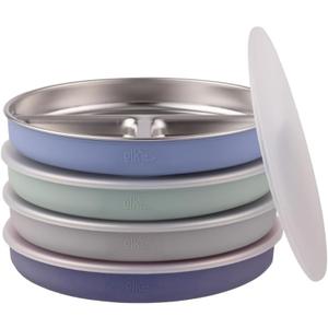 Stainless Steel Divided Plates + Silicone Sleeve and Storage Lid | Baby, Toddler, Kids | Dinner & Snack Plates | 4 Pack (Sage/MistyBlue/Gray/Navy)