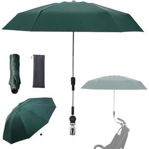 Clip-on Umbrella for Stroller Sunshade, Adjustable Steering Angle, Handle Included, Compact and Lightweight, Suitable for All Kinds of Strollers (Dark Green)