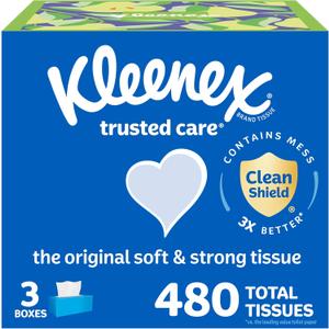 Kleenex Trusted Care Facial Tissues, 3 Flat Boxes, 160 Tissues per Box, 2-Ply (480 Total), Packaging May Vary (White)