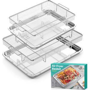Air Fryer Basket for Oven, 25% Thicker, OPENICE 2 Set Oven Air Fryer Basket and Tray, Stainless Steel Air Fryer Pans and Crisper Tray for Convention (15.4"11.0" & 13.4"9.7")