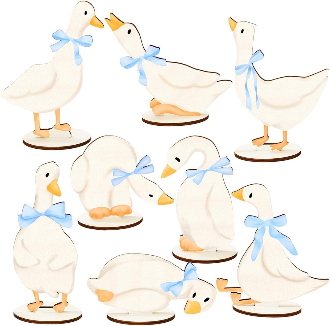 FYSUIMU 8Pcs One Silly Goose Wood Table Sign Tabletop Centerpieces Blue Bow Goose Wooden Cutouts with Base for First Birthday Baby Shower Home School Office
