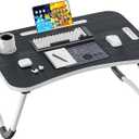 Folding Lap Desk, 23.6 Inch Wood Laptop Bed Desk with Cup Holder, Portable Bed Table for Working Writing Reading & Eating for Bed, Sofa, Couch, Floor - Black