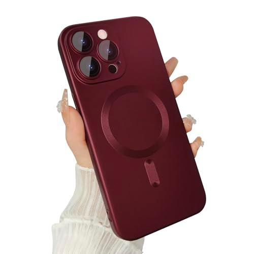 ankofave Magnetic case for iPhone 14 Pro Phone Case for Women, Matte Luxury Soft Metallic Luster Design with Camera Lens Protector, Compatible with Magsafe Case for iPhone 14 Pro 6.1"-Red Wine