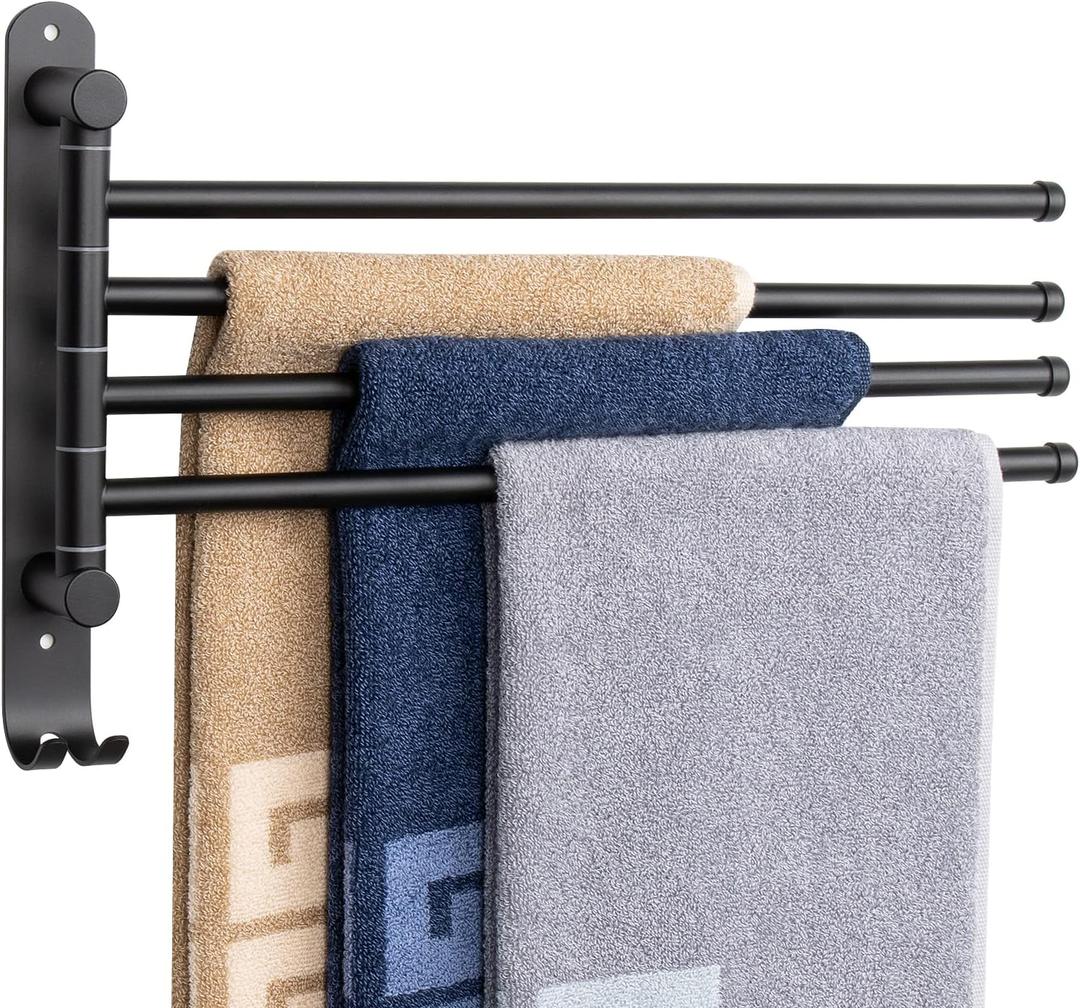 NearMoon Swivel Towel Rack, 13.8" Thicken 304 Stainless Steel 4-Arm Towel Bar, Space Saving Wall Mounted Towel Holder with Hook, Rustproof Swing Out Towel Hanger for Bathroom, Kitchen (Matte Black)