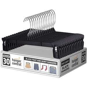 Hanger Central 30 Pack Space Saving Heavy Duty Slim Plastic Pants, Skirts and Shorts Hangers, Ridged Non-Slip with Pinch Clips, 360-Rotating Chrome Swivel Hook, in Black, 12 Inches