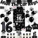 Black 16th Birthday Party Decorations - Hide The Car Keys 16 Years Old Decoration Banner with Door Banner Hanging Swirls Balloons Cake Topper, Sweet Happy 16th Birthday Party Supplies for Boys Girls