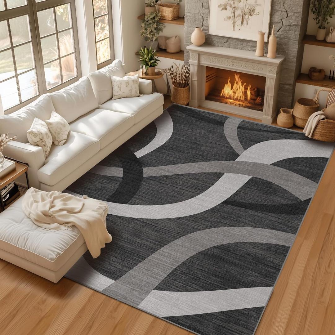 Grey 5x7 Area Rugs for Living Room,Washable Dark Modern Abstract Low Pile Non Slip Carpet for Bedroom,Dining Room,Office,Farmhouse,Home Decor(5x7 Grey)