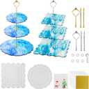 2 Pack 3 Tier Cake Stand, Silicone Cake Tray Mold with 6Pcs Crown Brackets and 10 Gold Foils, DIY Resin Casting Mold for Making Dessert Platter, Serving Stand (Round+Square)