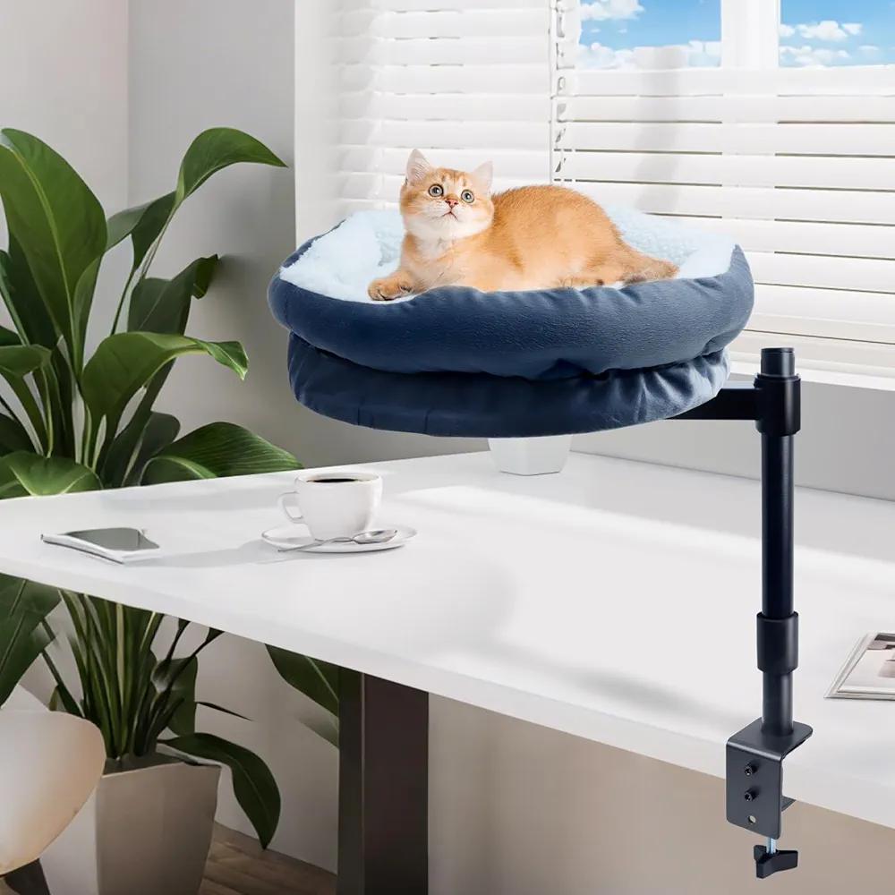 Cat Desk Bed - Soft Thick Cushion, 360° Rotating & Adjustable Height, Max 40 lbs, Washable Desk Mount Pet Bed for Kitten, Cat Hammock for Office Desktop& Home, Study(Grey)