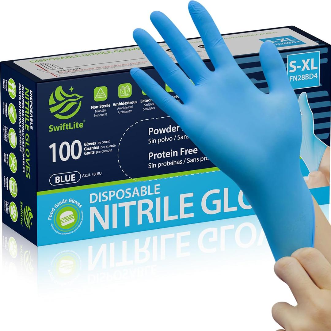 SWIFTLITE Nitrile Gloves, Food Safe Disposable Gloves Latex Free, Blue Rubber Gloves Powder Free for Cooking and Cleaning (Medium)