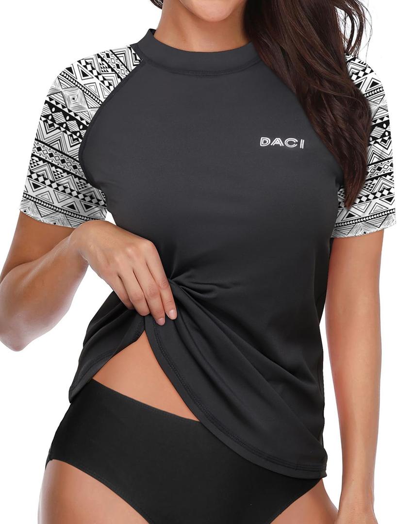 Daci Women Short Sleeve Rashguard Top Swim Shirt Swimsuits Top Only No Built in Bra Bathing Suit No Bottom (Black, L)
