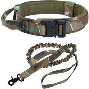 2 x Tactical Dog Collar and Leash - Thick Military K9 Collar - Includes Matching Bungee Leash - Adjustable, Army Grade Nylon Khaki, Control Handle and Heavy Duty Metal Buckle for Dog (Army, L)