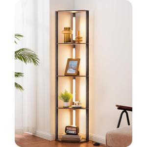 EDISHINE 64" Corner Shelf Floor Lamp for Living Room, Modern LED Corner Light with Shelves, 3CCT, Stepless Dimmable Tall Floor Light for Bedroom, Office, Dining Room, 3000K 4000K 5000K, Black Walnut