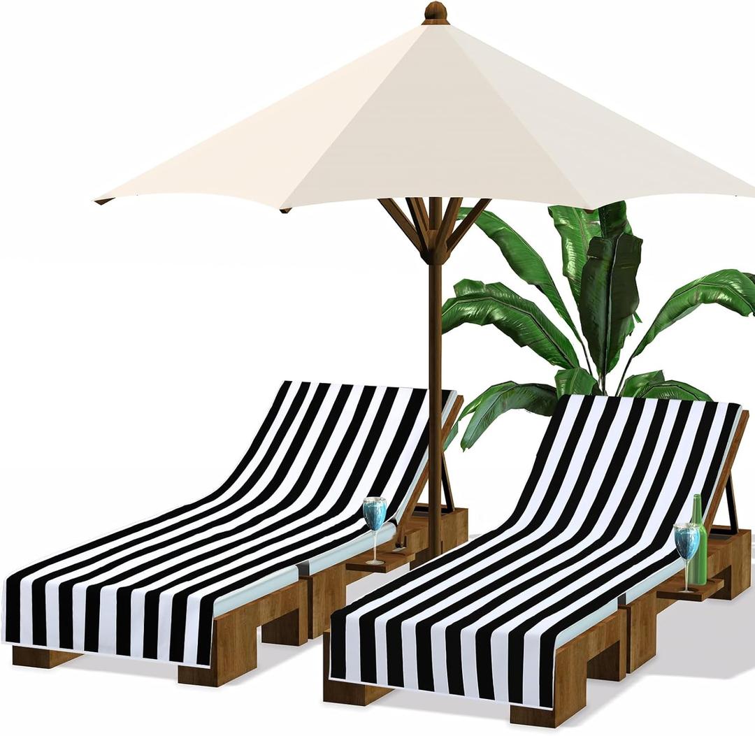 Fumete 2 Pack Lounge Chair Covers 30 x 85 Inch Pool Chaise Lounge Towels Microfiber Beach Chair Towel Portable Striped Outdoor Patio Furniture Cover for Sunbathing Picnic Spa(Black)
