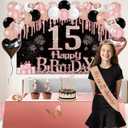 15th Birthday Decorations for Girls, 49pcs Black Rose Gold Black Banner, Tablecloth, Butterfly Decor, 15th Birthday Sash and Tiara, Cake Topper, Candles, Balloons Arch