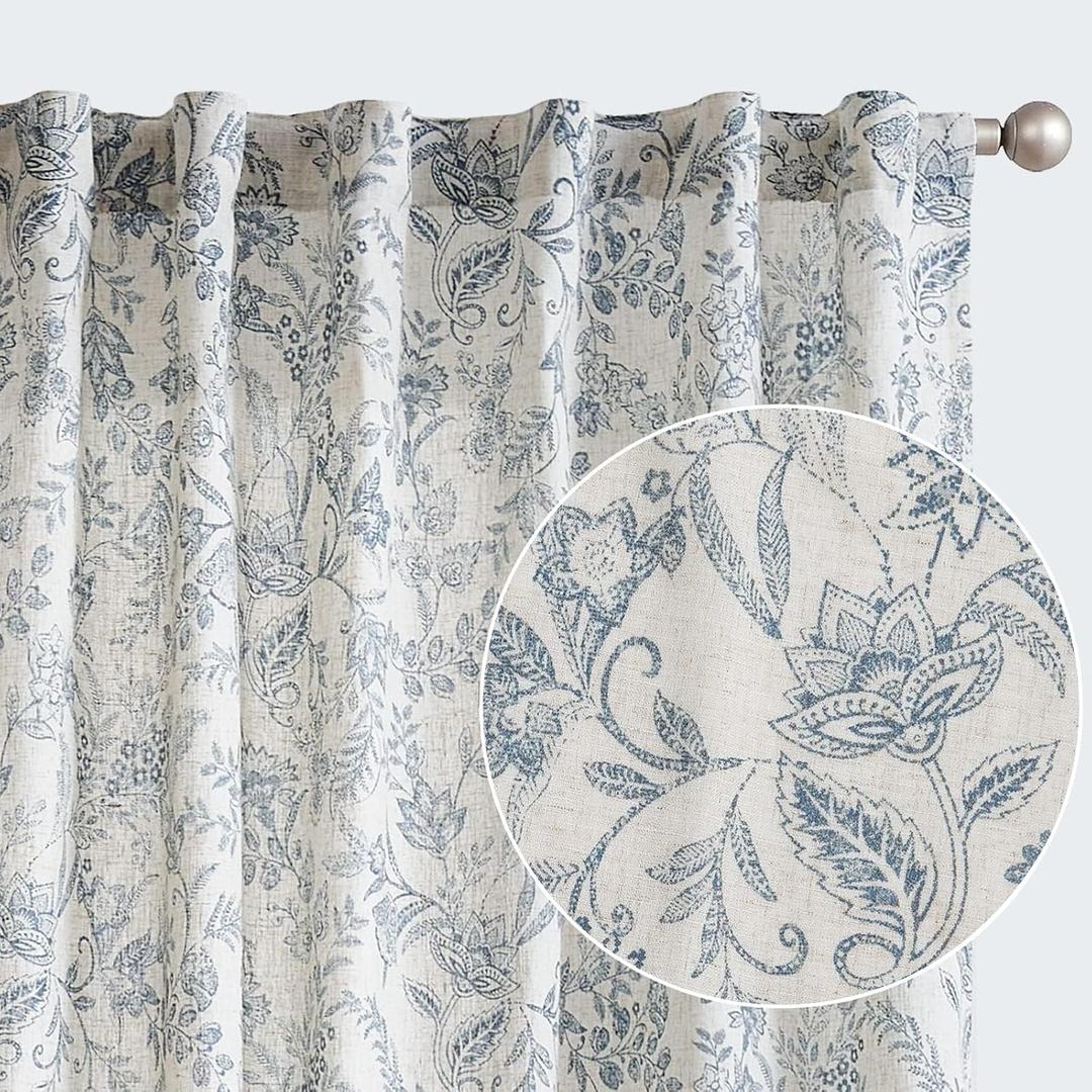 jinchan Floral Linen Curtains for Living Room Blue French Country Farmhouse Curtains 96 Inches Long Light Filtering Window Back Tab Drapes 2 Panels Blue on Beige