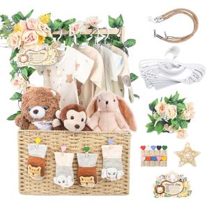 Wooden Baby Shower Crate Closet, Foldable Handwoven Storage Basket for Baby Shower Gifts, Welcome Gift Basket for Newborn Boys Girls, Pregnancy Gifts for New Parents (Burlywood)