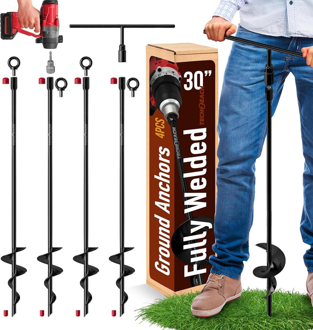 30 inch Ground Anchors Heavy Duty Screw in - Kit of 4 Fully Welded Earth Anchors - Long Spiral Tie Down Stakes for Swing Set Shed Trampoline Canopy Tree Tent - High Wind Anchor - Sand Auger Stake