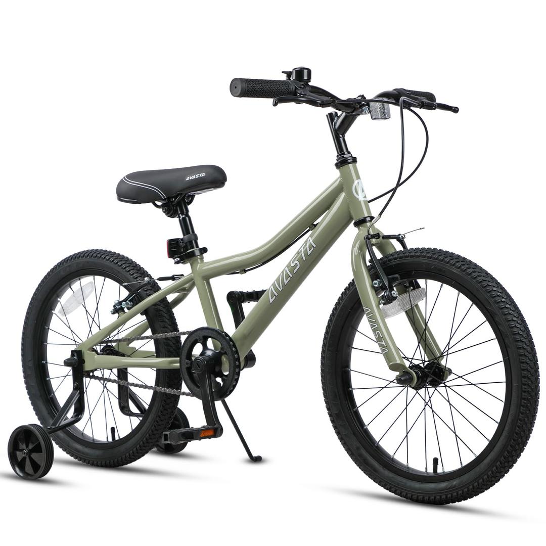 AVASTA Bilbo 18 Inch Kids Bike for Boys Girls 5 6 7 8 Years Old, Retro Style High Carbon Steel Bicycle with Adjustable Handlebars and Seat, Dual V-Brakes, Training Wheels, Kickstand, Army Green
