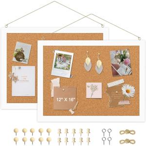 2-Pack Double-Sided Cork Board, 16" x 12" Hanging Wood Framed Small Bulletin Board, Picture Display Vision Board Kit Corkboards for Wall Room School Office Decor, 20 Pushpins (Vintage White)