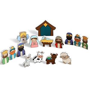 AceOrbit 15 Pcs Wooden Nativity Set for Kids Christmas Nativity Set Figures Small Religious Tabletop Decoration for Xmas Party Indoor Sunday School Pretend Home Decor Gifts